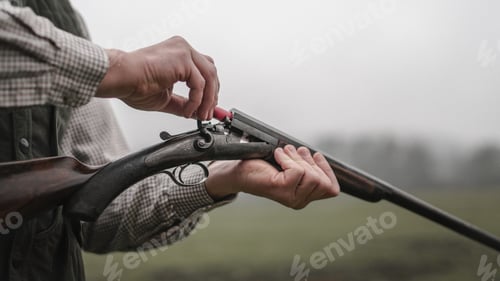 Preview: Close-up of hunter man charges the cartridge on rifle gun in forest.