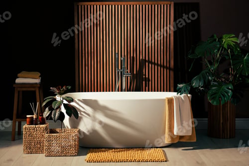 Preview: Cozy bathroom interior with stylish ceramic tub