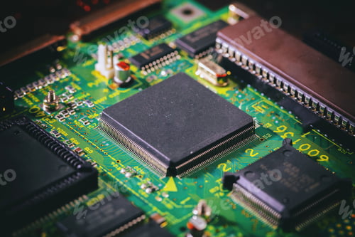 Preview: Computer circuit board closeup. CPU, processor, electronic components and wiring