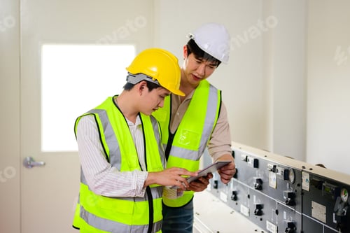 Preview: Maintenance engineers checking solar panels on solar cell farm