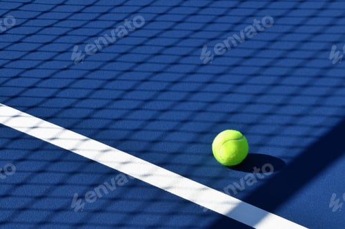 Preview: A yellow green tennis ball on a bright cobalt blue tennis court. lights shadows