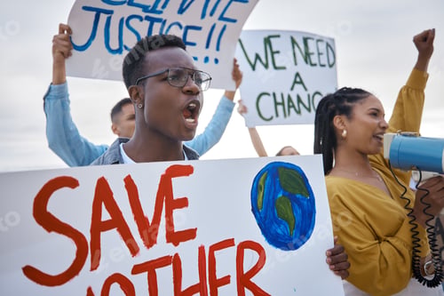 Preview: Climate change, protest poster and black man scream for freedom movement. Angry, crowd screaming an