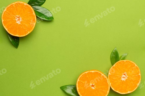 Preview: Tangerine on an green background, fruit flatlay, summer minimal compositon with copyspace