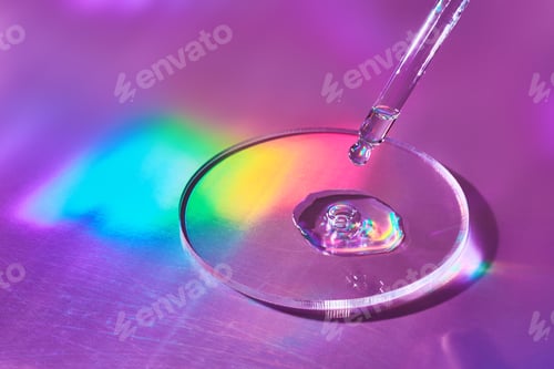 Preview: Pipette with sample of cosmetic product in petri dish on iridescent holographic background