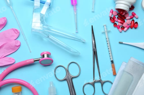 Preview: Different medical objects on color background, flat lay
