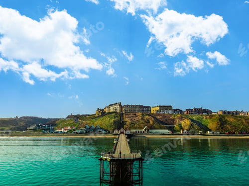 Preview: Aerial view of Saltburn by the sea Pleasure Pier with funicular railway in Background