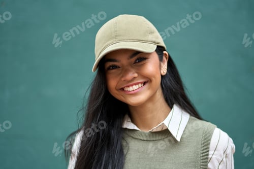 Preview: Smiling pretty gen z Asian teen girl model looking at camera posing at wall.