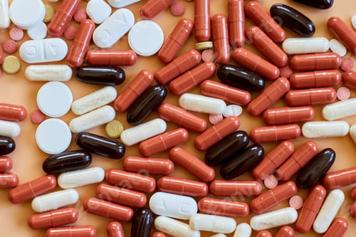Preview: Flat lay different colorful Medical pills on orange background