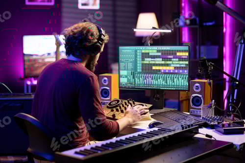 Preview: Man Composing Music at Computer in Studio