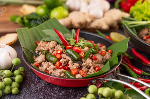 Preview: Stir-fried pork basil on banana leaves in a frying pan.