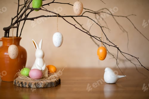 Preview: easter table decor. bunny and eggs. copy space