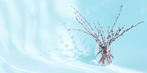 Preview: Fresh willow branches in vase on light blue background