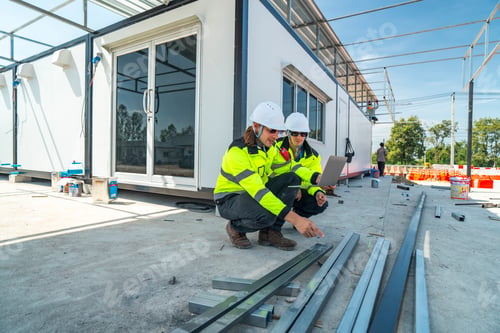 Preview: Two engineers in high visibility jackets and helmets discussing construction details
