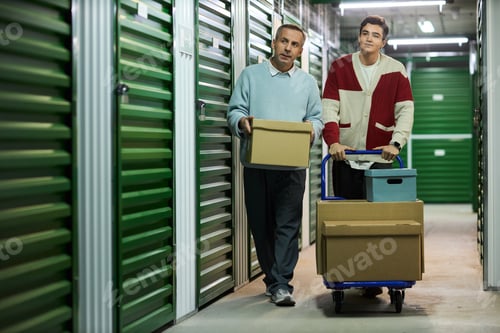 Preview: Middle Aged Man and Teenager Carrying Boxes in Storage Facility