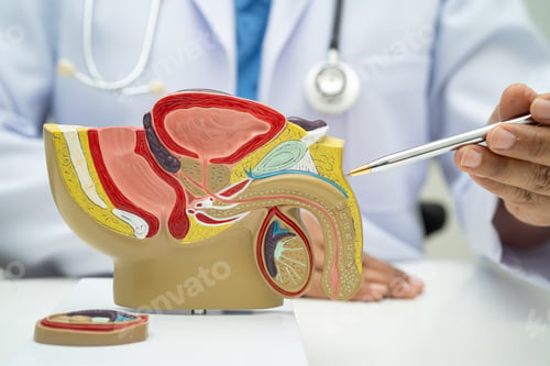 Preview: Male reproductive system, Asian doctor holding human anatomy