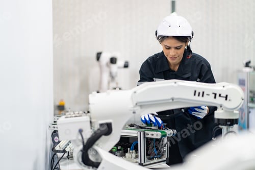 Preview: Female Engineer check and control automation robot arms machine in factory. robotics manufacturing.