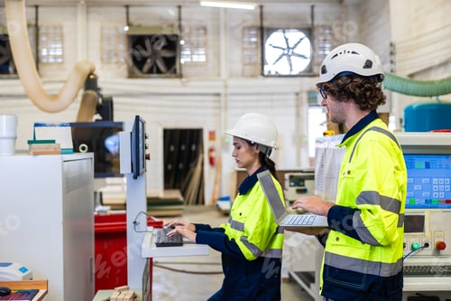 Preview: Professional technician engineer team staff worker control operate wood CNC machine together