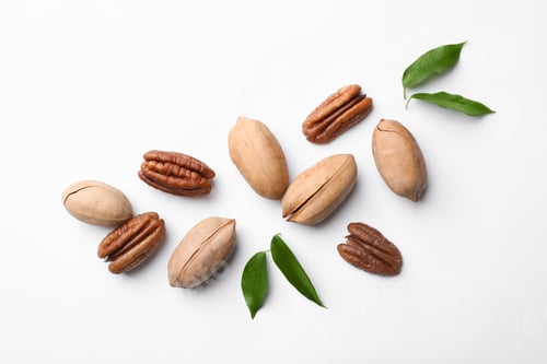 Preview: Composition with pecan nuts and leaves on white background, top view