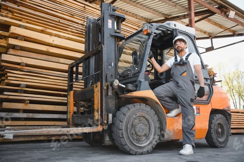 Preview: Warehouse worker driving forklift by lumber stacks