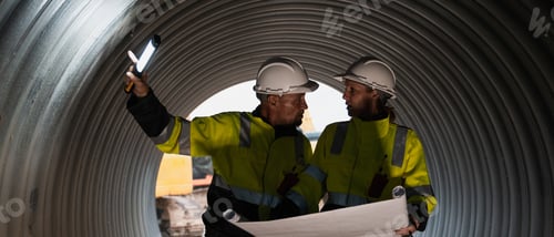 Preview: Worker constructing a pipeline for transporting oil, gas, and fuel at an industrial facility.