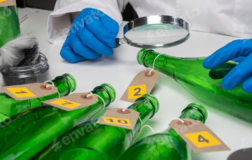 Preview: Scientist Analyzing Numbered Bottles with Magnifying Glass