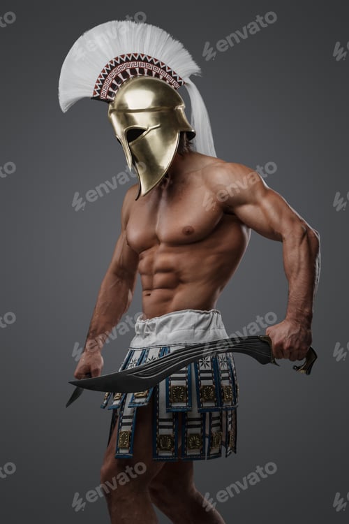 Preview: Topless ancient warrior from greece isolated on grey background