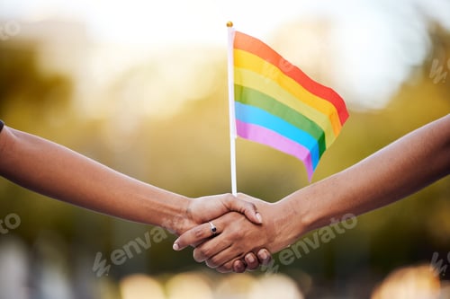 Preview: LGBTQ rainbow, flag and couple holding hands for gay pride, lesbian support or human rights activis