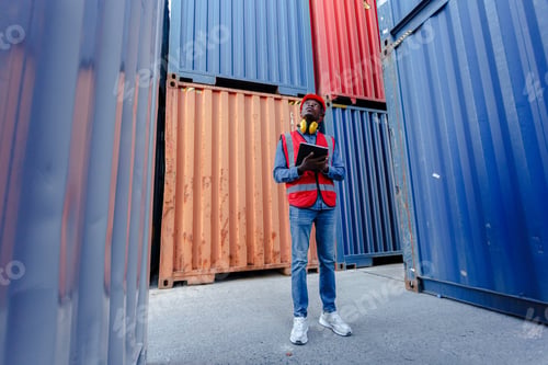 Preview: Male African American person foreman using tablet checking list containers loading.
