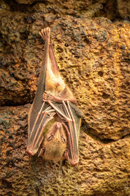 Preview: The bat hangs upside down on a rocky cave wall.