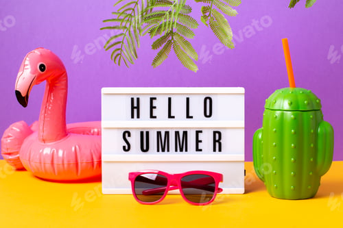 Preview: Retro vibe or 80s, nostalgic style still life with colorful summer accessories
