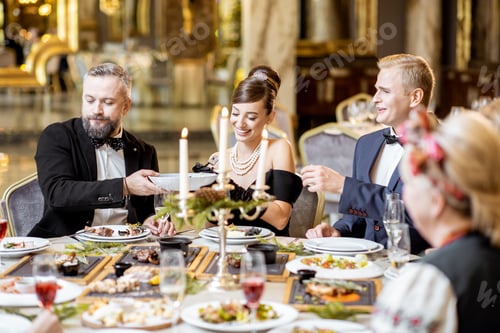 Preview: Elegantly dressed people having a festive dinner indoors