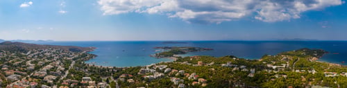 Preview: Athens Greece panorama. Aerial drone view of Vouliagmeni Lemos, sunny summer day