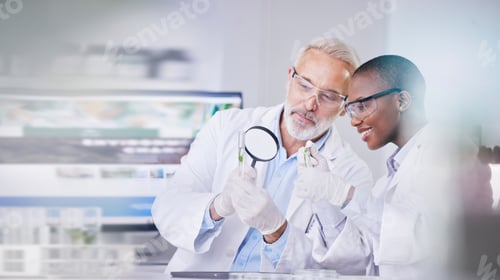 Preview: Scientist, science and people, magnifying glass and plant in test tube, black woman and senior man