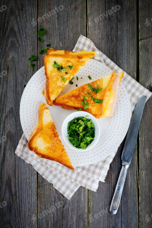 Preview: French toast cheese and bacon with on a old wooden background. Top view. Selective focus