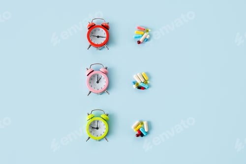 Preview: Medication Reminders. Pills, drugs work bedtime, schedule. Time to take medication. Color Alarm