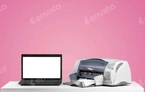 Preview: Printer and computer. Office table