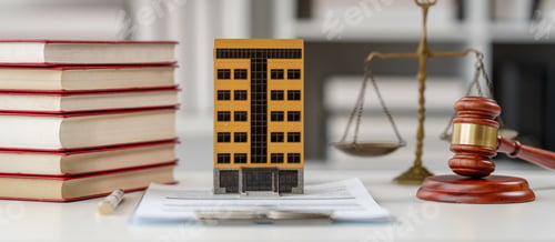 Preview: Property Lawyer desk with gavel and contract paper of attorney, nobody, no people