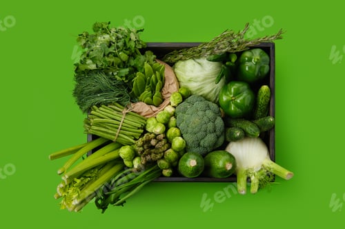 Preview: Various green vegetables in wooden box on green background