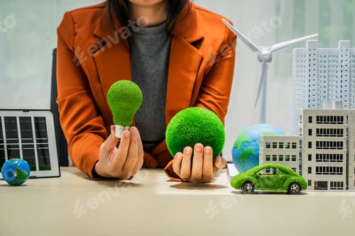 Preview: A businesswoman working at a desk in sustainable urban development, promoting eco-friendly