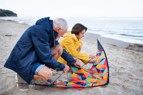 Preview: Senior man and his preteen granddaughter preparing kite for flying on sandy beach