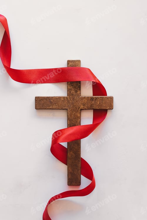 Preview: Cross with a red ribbon, a symbol of Christ. Crucifixion Of Jesus Christ. Easter Day