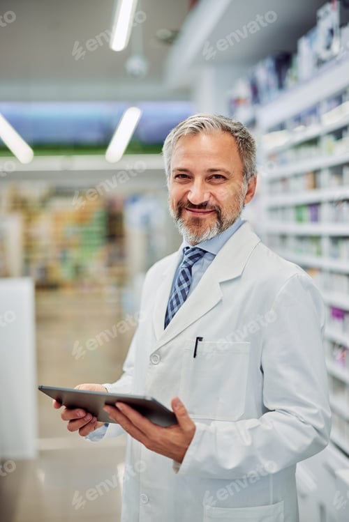 Preview: Portrait of a smiling male pharmacist with a digital tablet at the workplace.