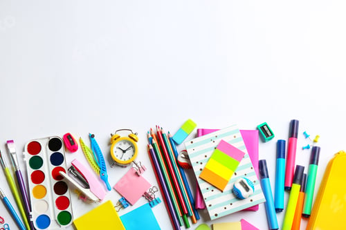 Preview: School stationery on white background, flat lay with space for text. Back to school