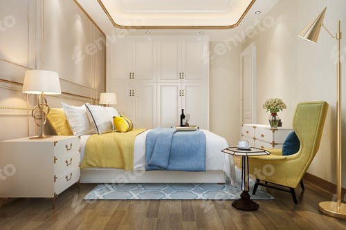 Preview: classic luxury yellow bedroom suite in hotel with armchair and lamp