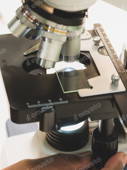 Preview: man using compound microscope on white desk
