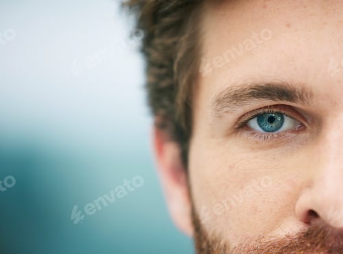 Preview: Half face, eye and man with free space for advertising and marketing eye care, contact lenses and v