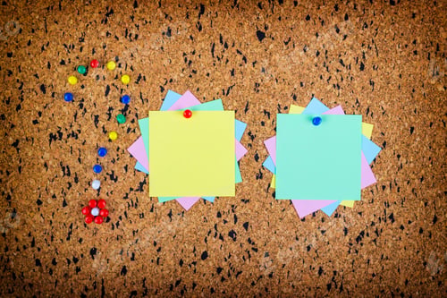 Preview: colorful sticky notes on cork bulletin board. Question mark made of pushpins