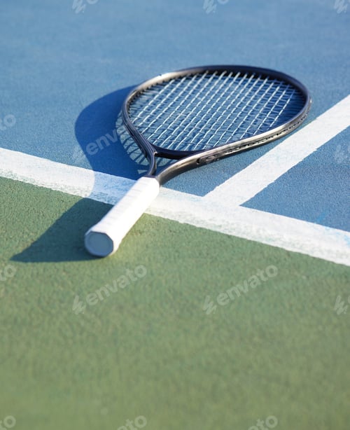 Preview: Today is to be used to be better. Shot of a tennis racket on a court during the day.
