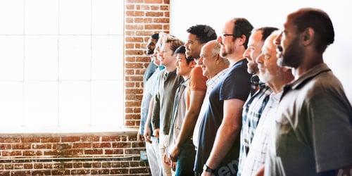 Preview: Cheerful diverse men standing in a row social banner