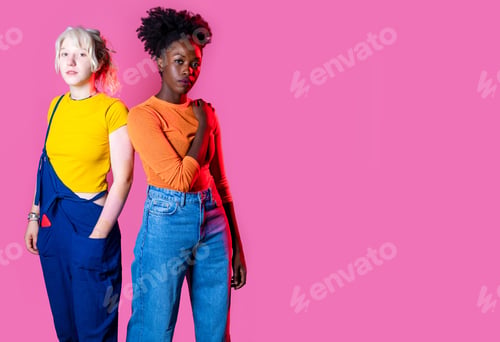 Preview: Two young diverse multicultural caucasian and black women best friends posing isolated background